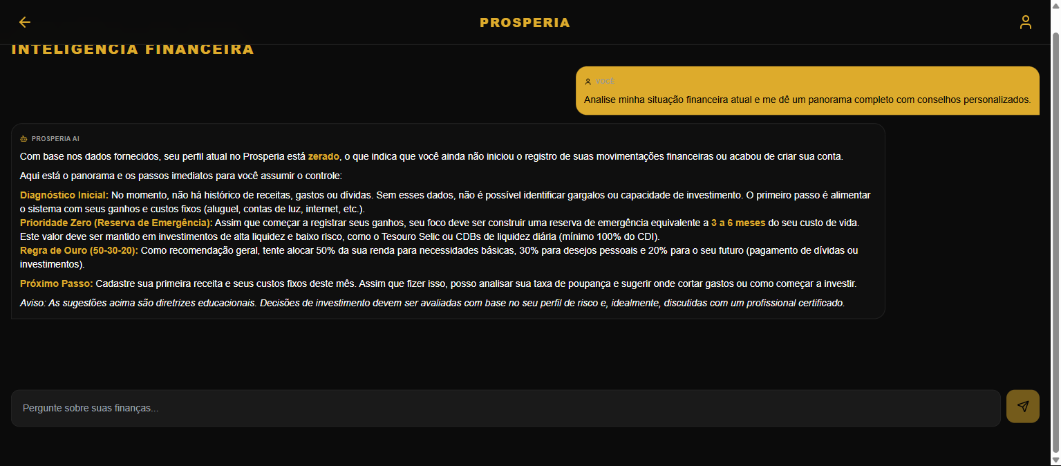 Consultor Financeiro de IA da Prosperia analisando situação financeira e dando conselhos personalizados