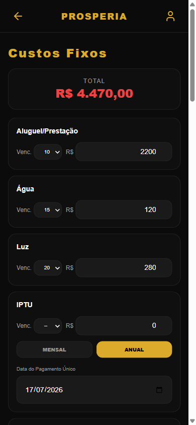 Tela de Custos Fixos do app Prosperia