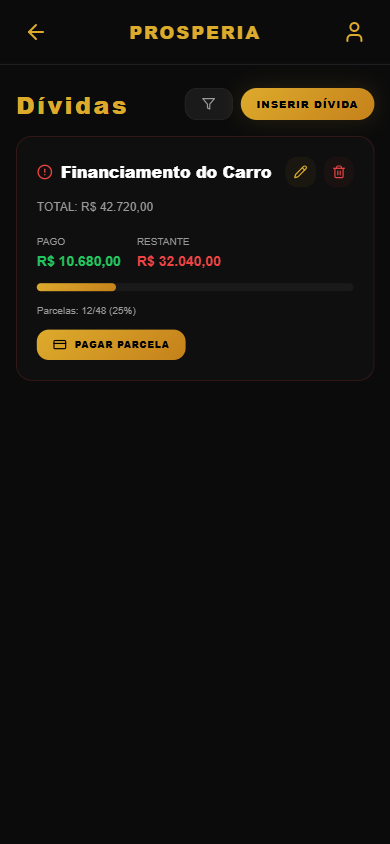 Tela de Dívidas do app Prosperia