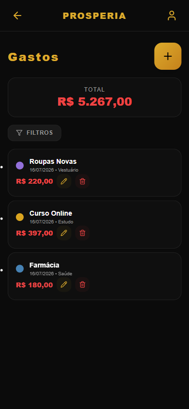 Tela de Gastos do app Prosperia