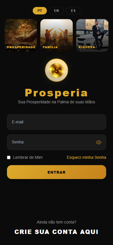 Tela de Prosperidade, Família e Riqueza do app Prosperia