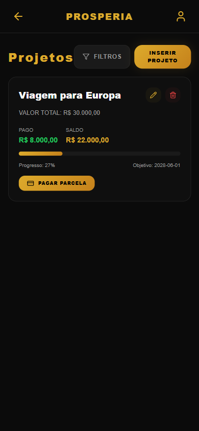 Tela de Projetos de Vida do app Prosperia